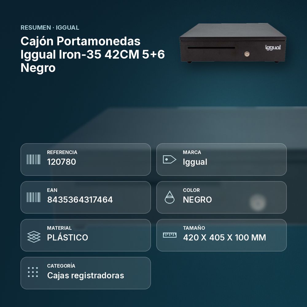 CAJÓN PORTAMONEDAS IGGUAL IRON-35 42CM 5+6 NEGRO - resumen de atributos