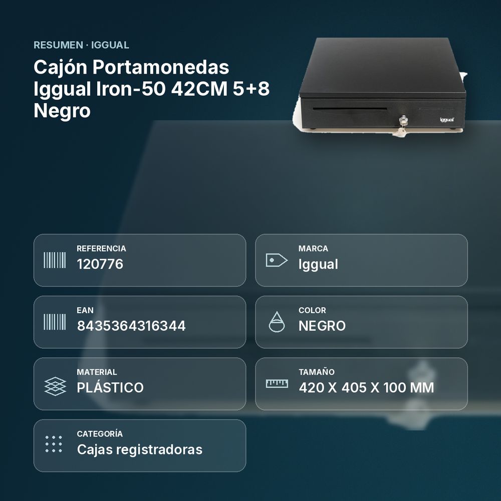 CAJÓN PORTAMONEDAS IGGUAL IRON-50 42CM 5+8 NEGRO - resumen de atributos