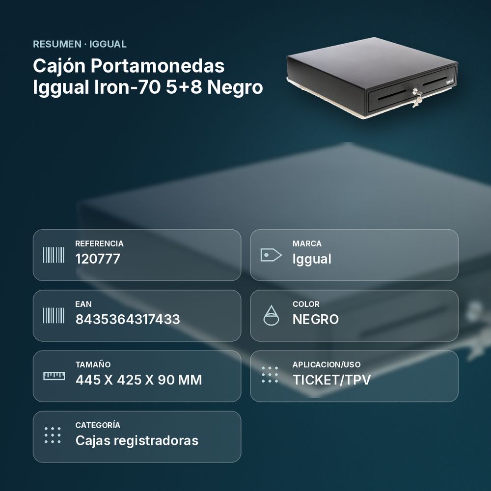 CAJÓN PORTAMONEDAS IGGUAL IRON-70 5+8 NEGRO - resumen de atributos