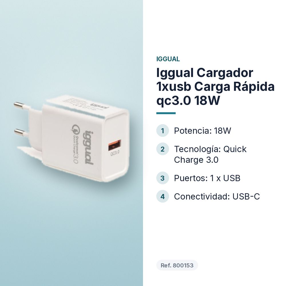 IGGUAL CARGADOR 1XUSB CARGA RÁPIDA QC3.0 18W - características principales