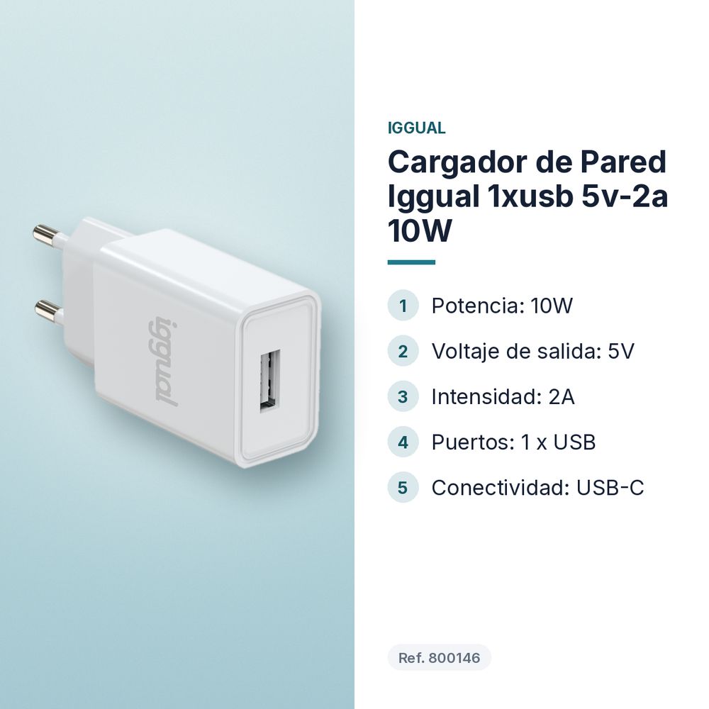 CARGADOR DE PARED IGGUAL  1XUSB 5V-2A 10W - características principales