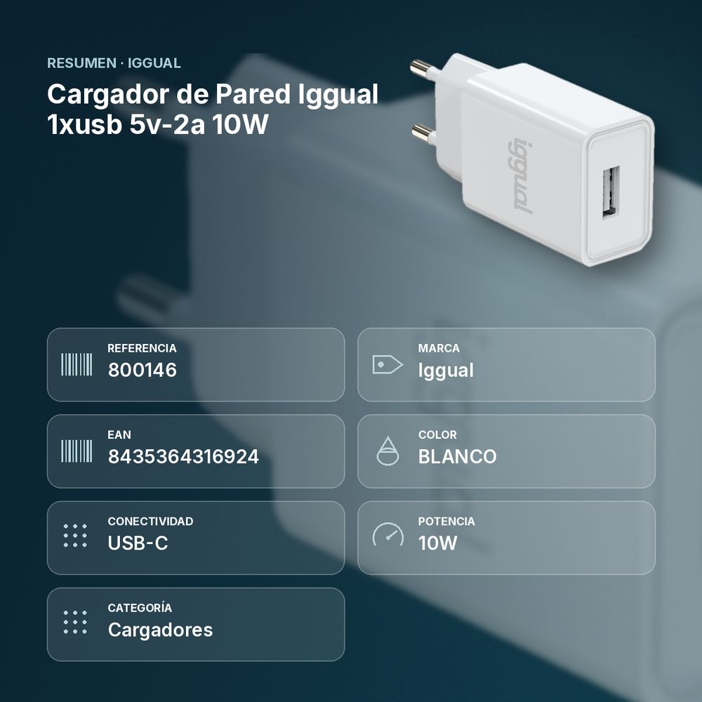 CARGADOR DE PARED IGGUAL  1XUSB 5V-2A 10W - resumen de atributos