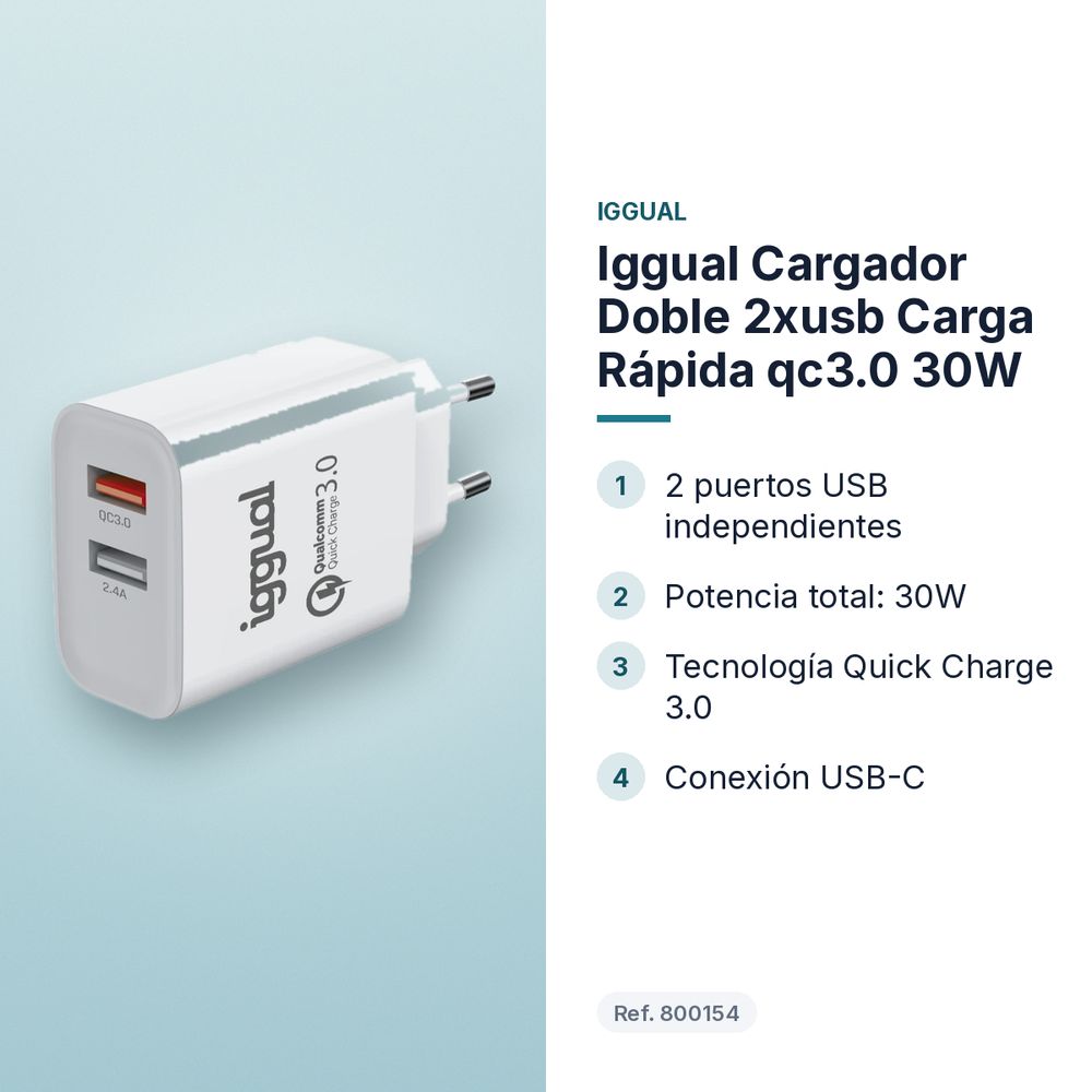 IGGUAL CARGADOR DOBLE 2XUSB CARGA RÁPIDA QC3.0 30W - características principales