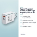 IGGUAL CARGADOR DOBLE 2XUSB CARGA RÁPIDA QC3.0 30W - características principales