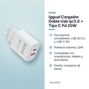 IGGUAL CARGADOR DOBLE USB QC3.0 + TIPO C PD 20W - características principales