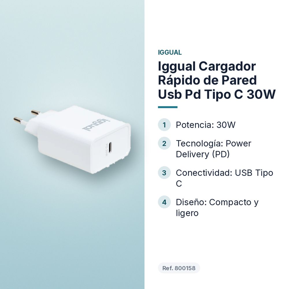 IGGUAL CARGADOR RÁPIDO DE PARED USB PD TIPO C 30W - características principales