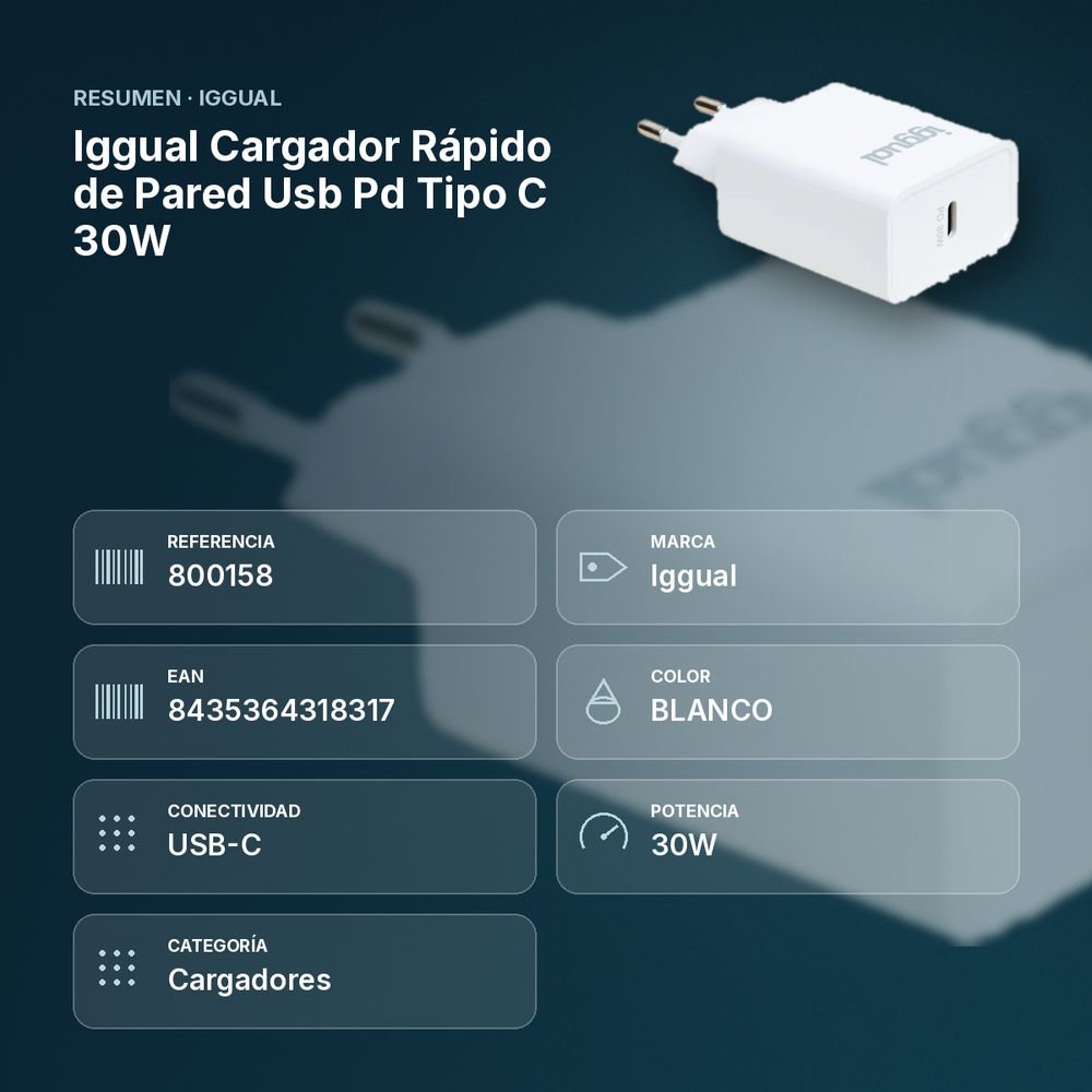 IGGUAL CARGADOR RÁPIDO DE PARED USB PD TIPO C 30W - resumen de atributos