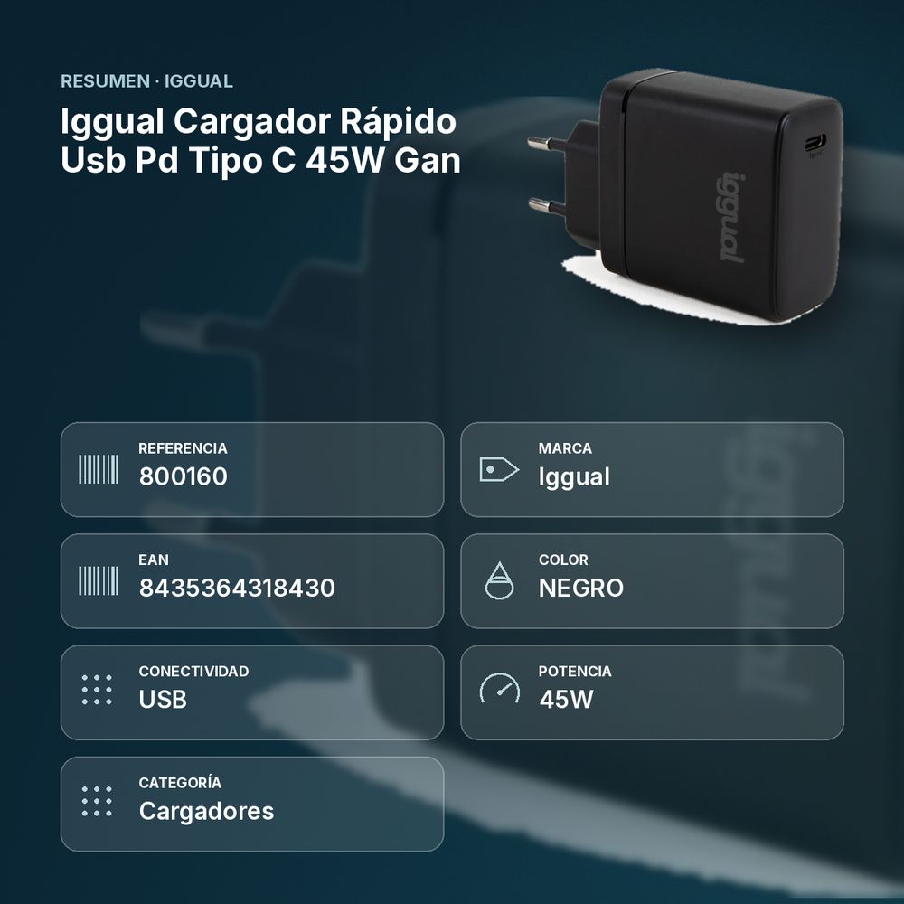 IGGUAL CARGADOR RÁPIDO USB PD TIPO C 45W GAN - resumen de atributos