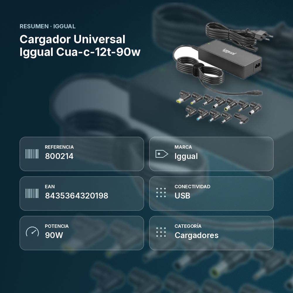 CARGADOR UNIVERSAL IGGUAL CUA-C-12T-90W - resumen de atributos