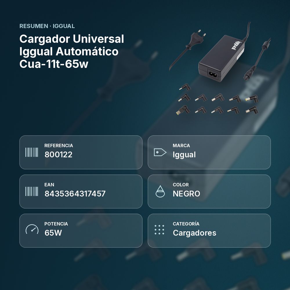 CARGADOR UNIVERSAL IGGUAL AUTOMÁTICO CUA-11T-65W - resumen de atributos