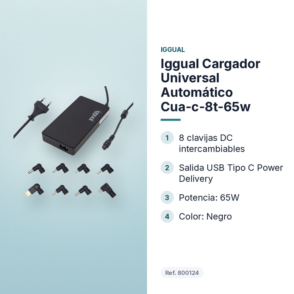 IGGUAL CARGADOR UNIVERSAL AUTOMÁTICO CUA-C-8T-65W - características principales