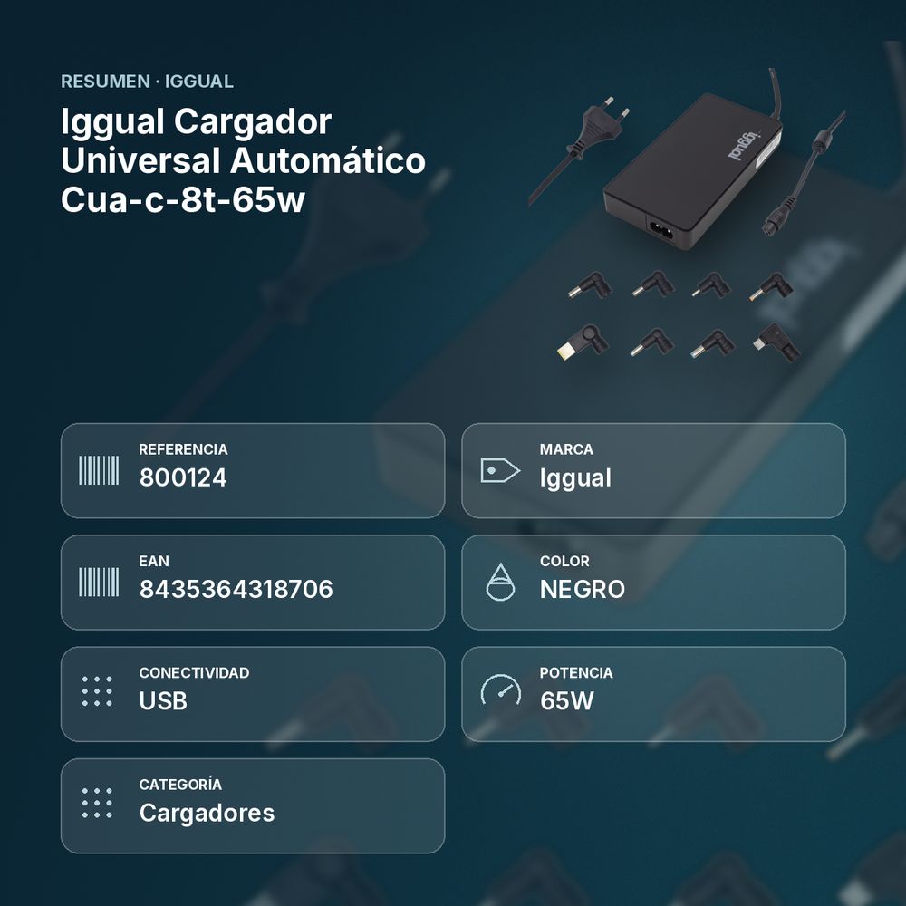 IGGUAL CARGADOR UNIVERSAL AUTOMÁTICO CUA-C-8T-65W - resumen de atributos