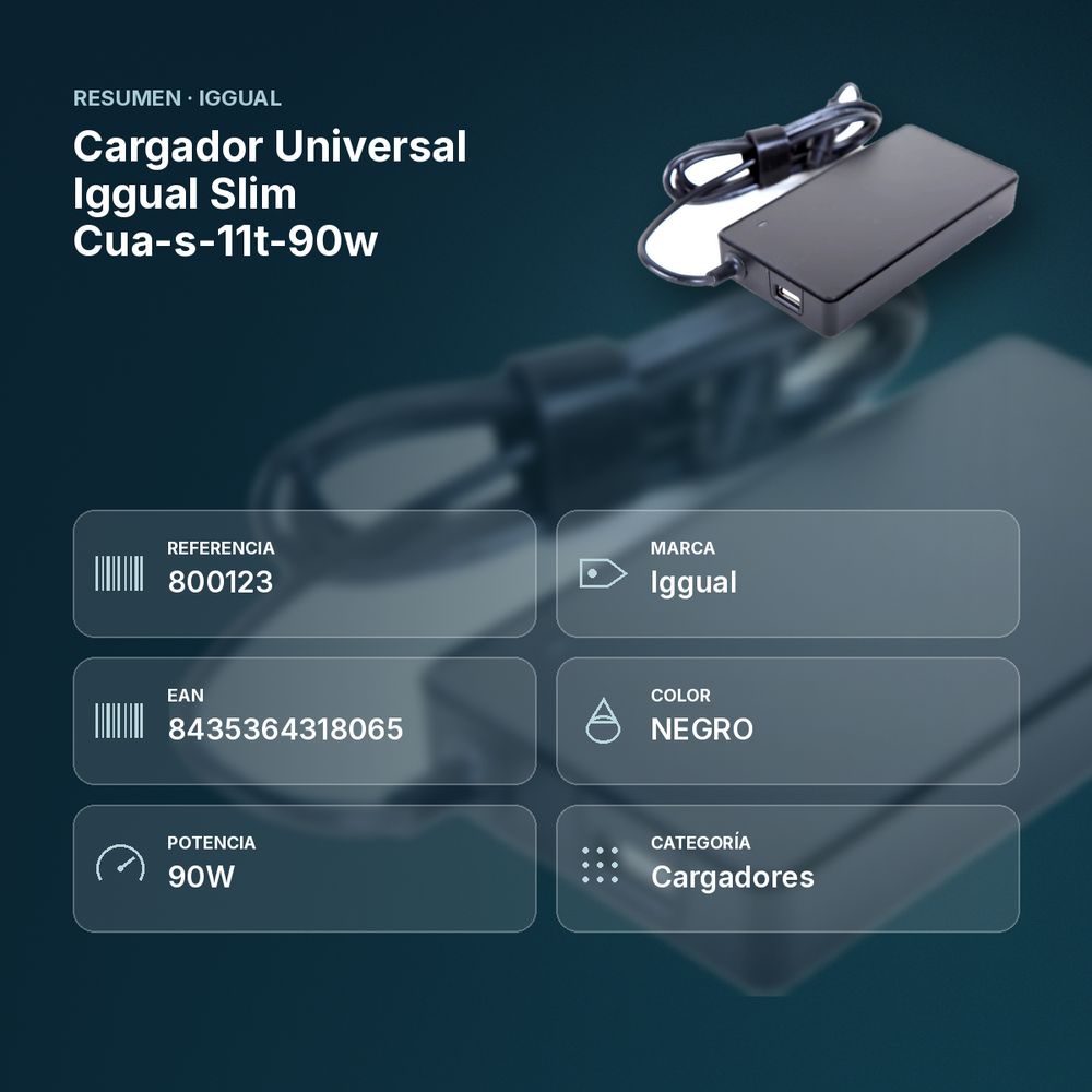 CARGADOR UNIVERSAL IGGUAL SLIM CUA-S-11T-90W - resumen de atributos