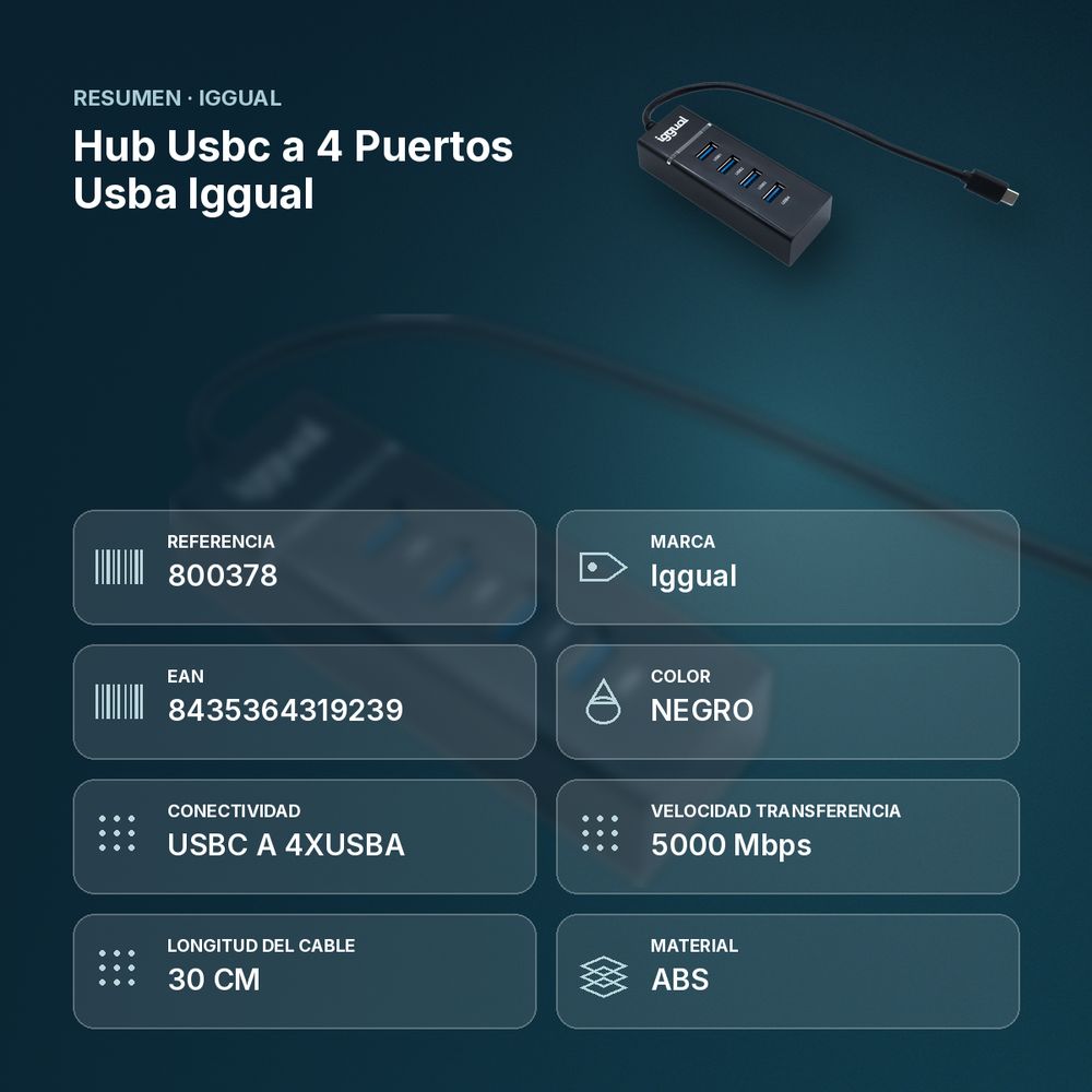 HUB USBC A 4 PUERTOS USBA IGGUAL  - resumen de atributos