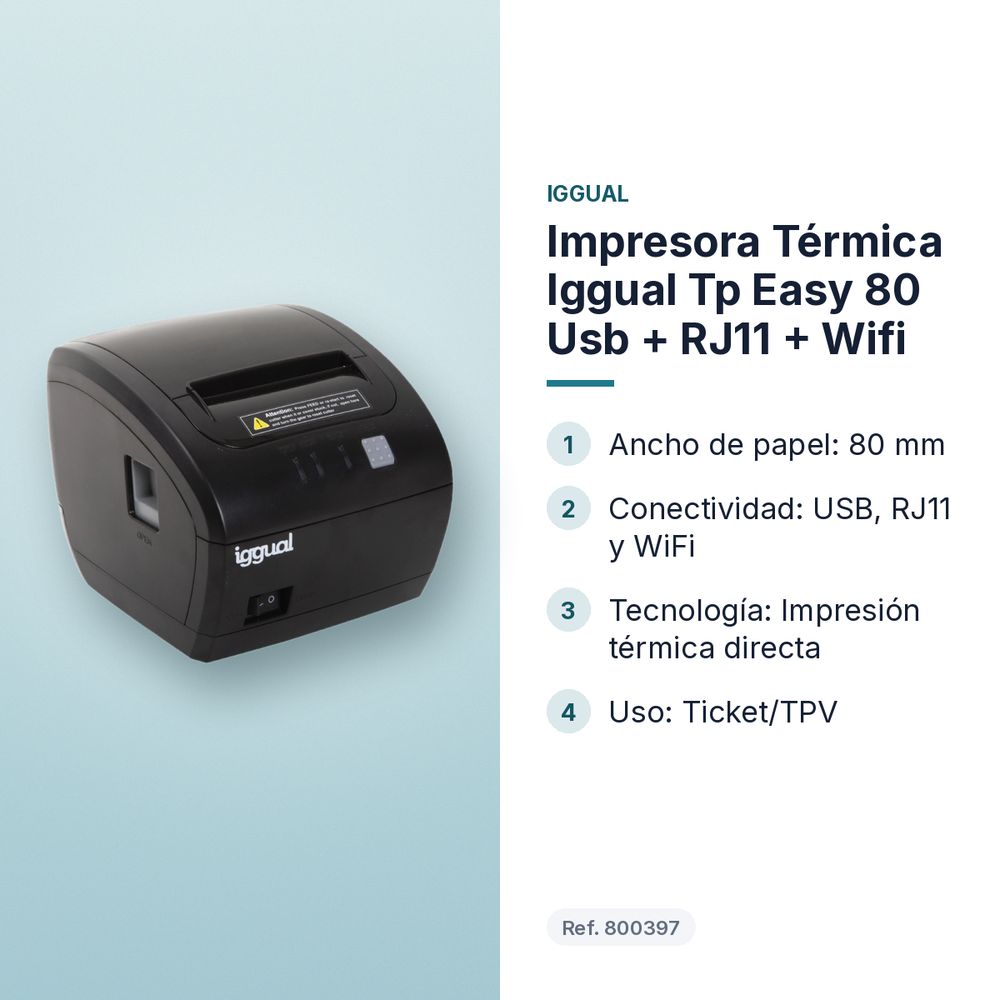 IMPRESORA TÉRMICA IGGUAL TP EASY 80 USB + RJ11 + WIFI - características principales