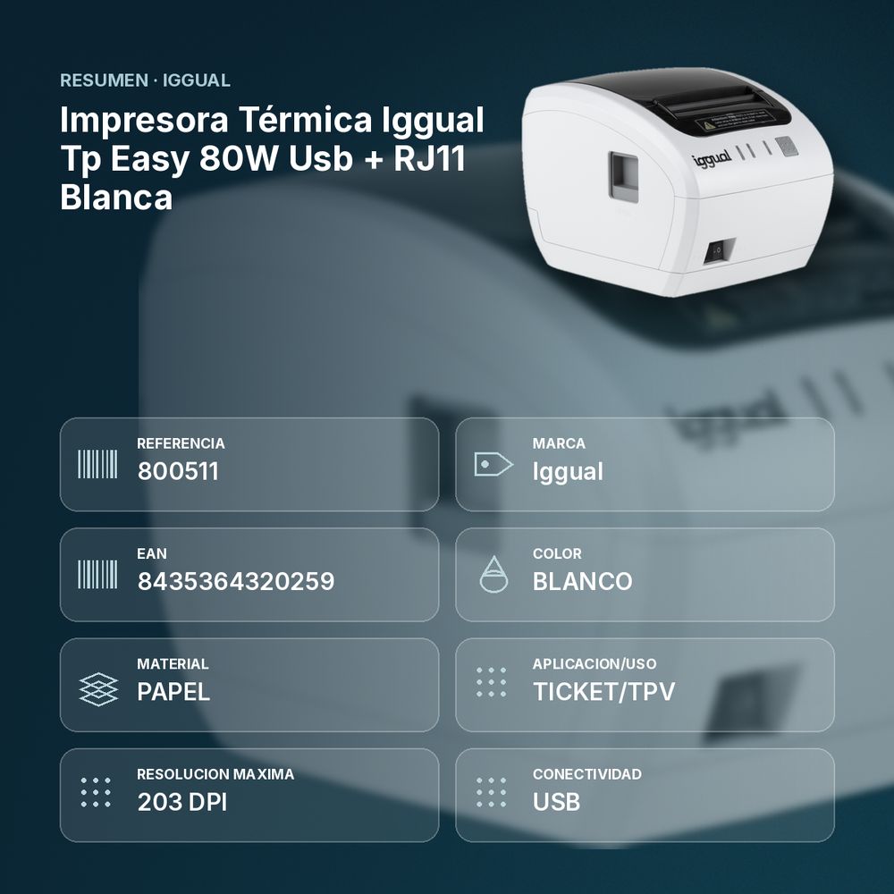 IMPRESORA TÉRMICA IGGUAL  TP EASY 80W USB + RJ11 BLANCA - resumen de atributos