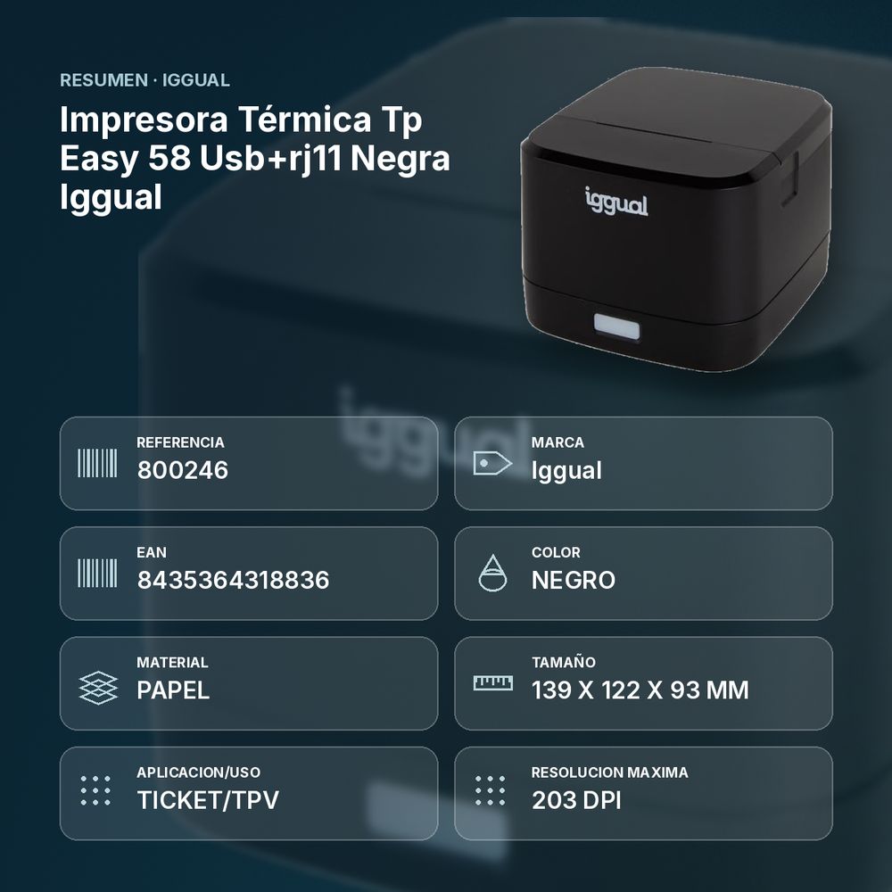 IMPRESORA TÉRMICA TP EASY 58 USB+RJ11 NEGRA IGGUAL  - resumen de atributos