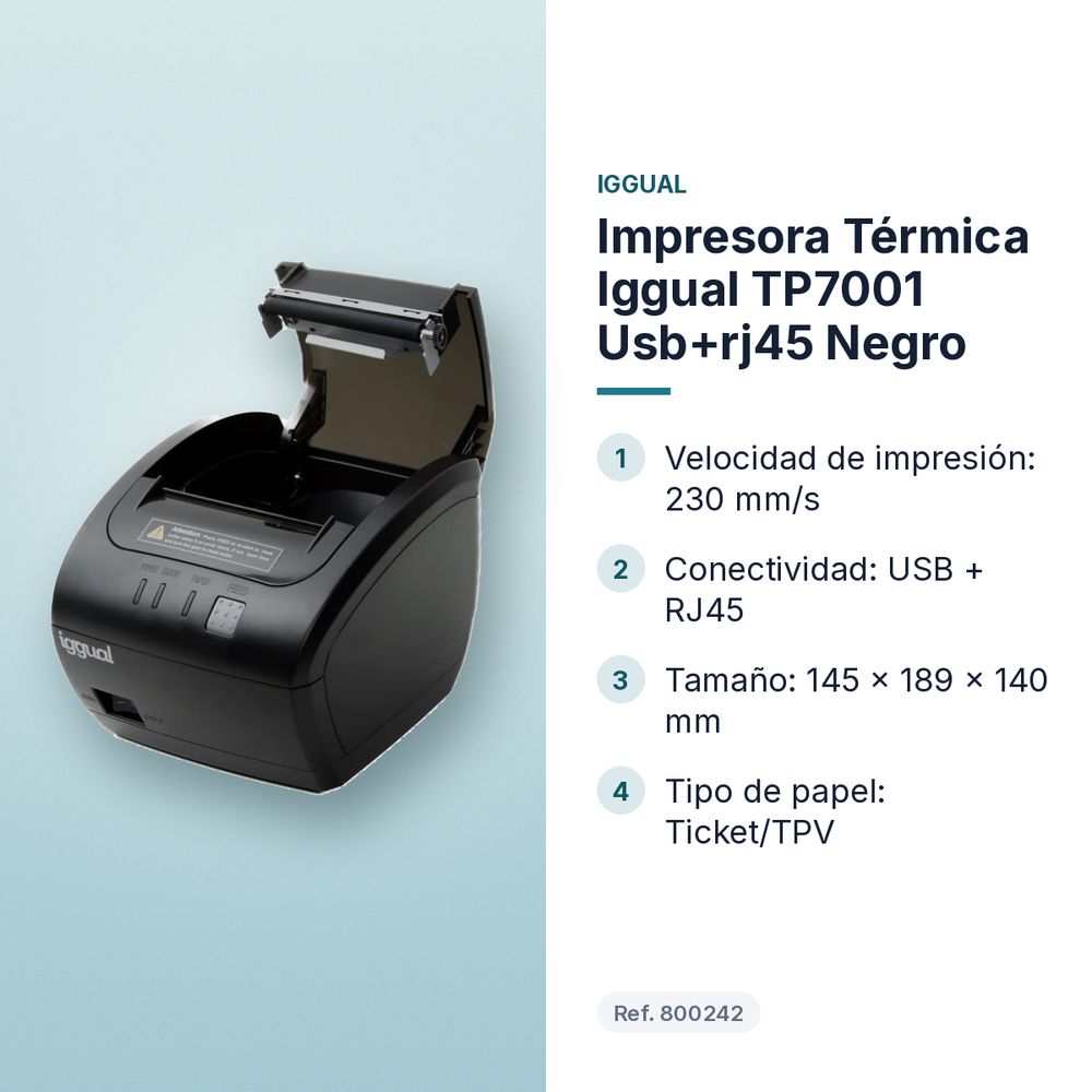 IMPRESORA TÉRMICA IGGUAL TP7001 USB+RJ45 NEGRO - características principales