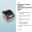 IMPRESORA TÉRMICA TP8002 USB+RS232+ETHERNET IGGUAL  - características principales