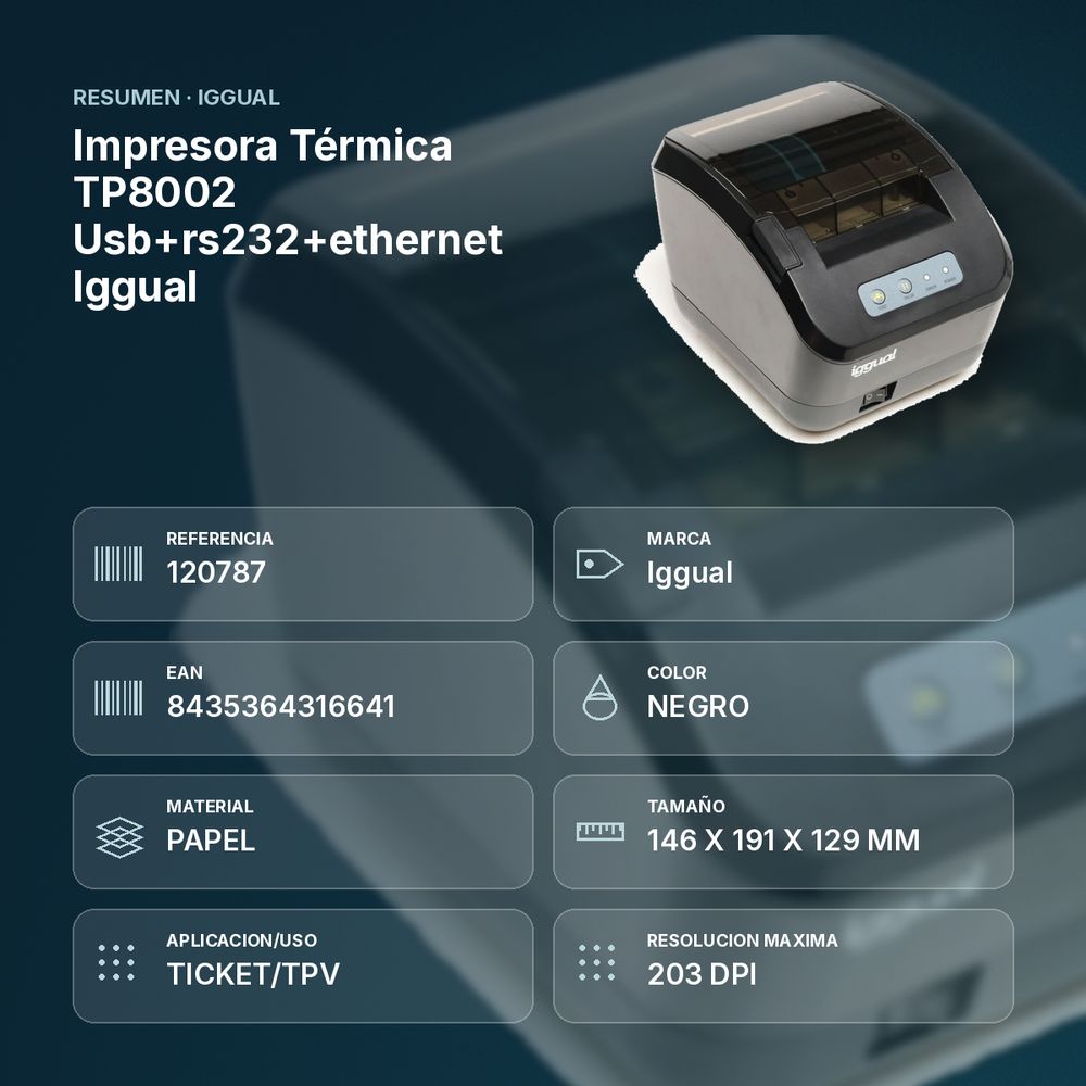IMPRESORA TÉRMICA TP8002 USB+RS232+ETHERNET IGGUAL  - resumen de atributos