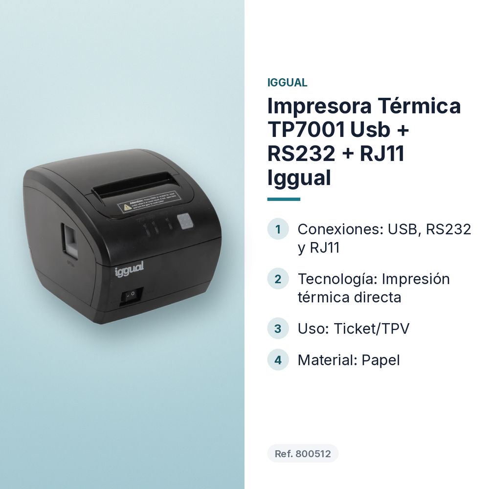 IMPRESORA TÉRMICA TP7001 USB + RS232 + RJ11 IGGUAL  - características principales