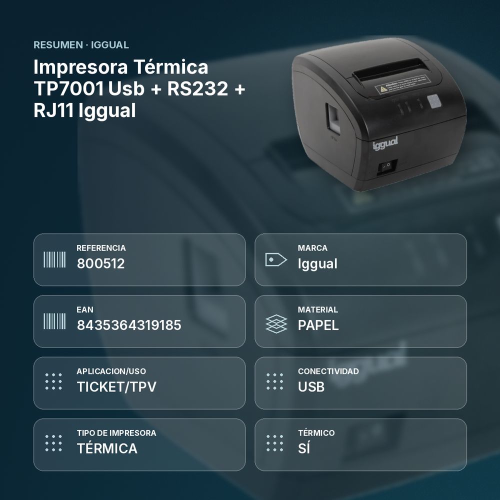 IMPRESORA TÉRMICA TP7001 USB + RS232 + RJ11 IGGUAL  - resumen de atributos
