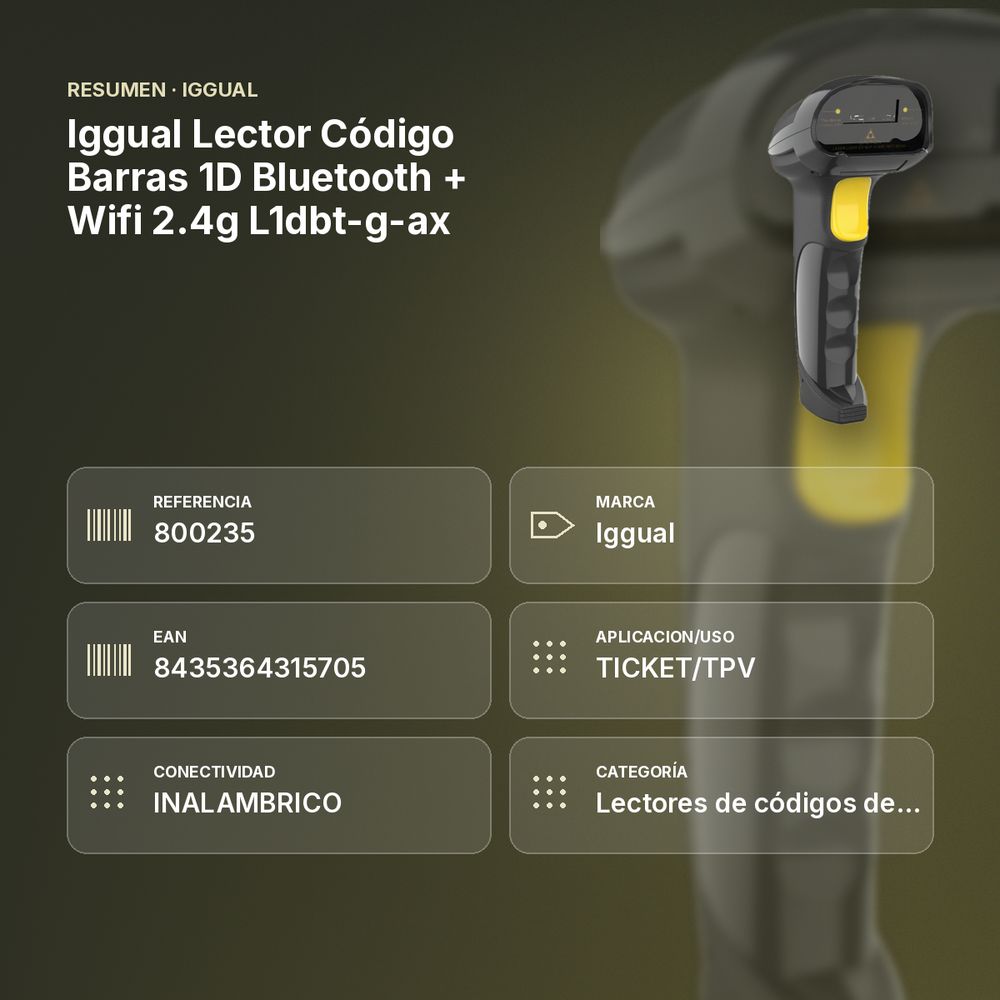 IGGUAL LECTOR CÓDIGO BARRAS 1D BLUETOOTH + WIFI 2.4G L1DBT-G-AX - resumen de atributos