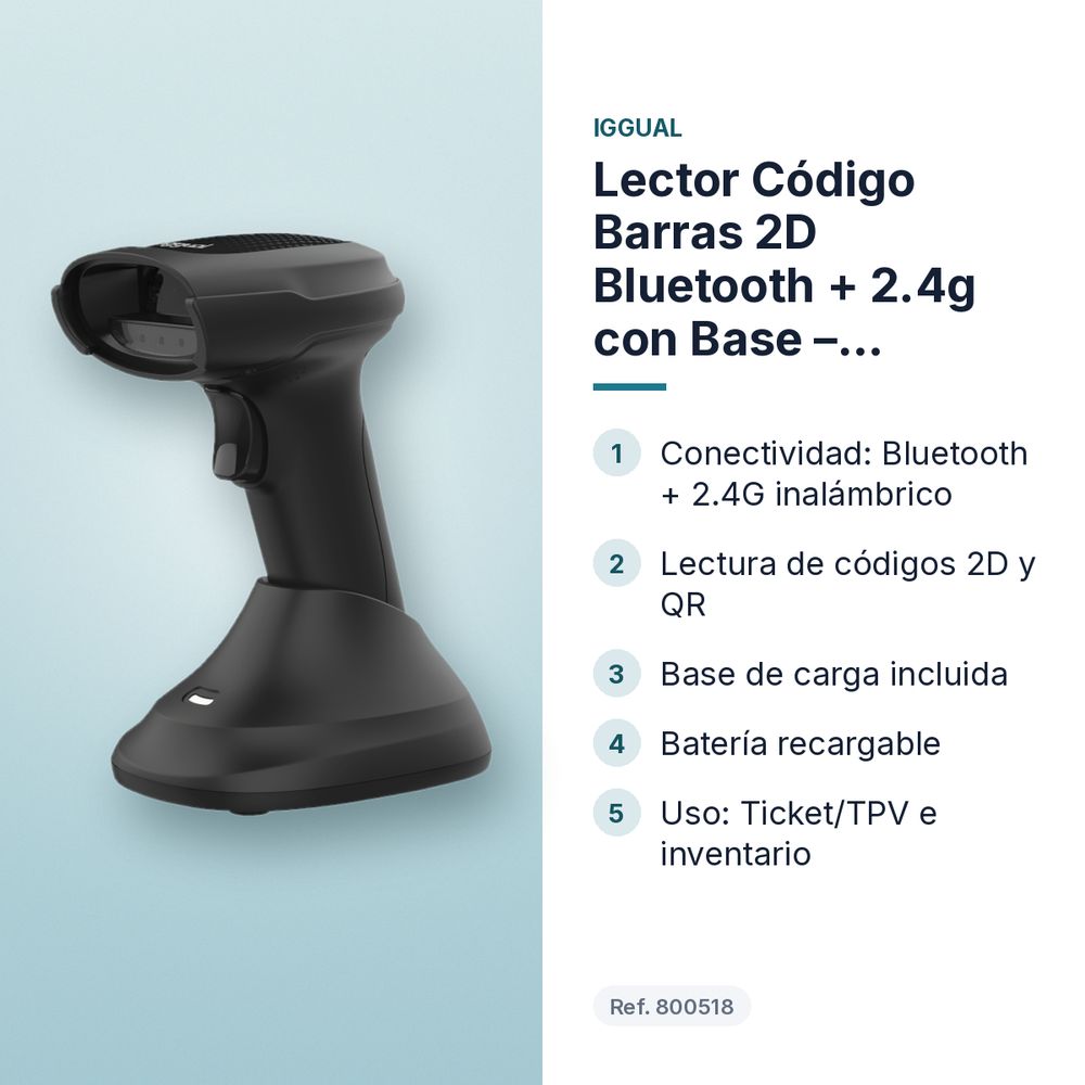 LECTOR CÓDIGO BARRAS 2D BLUETOOTH + 2.4G CON BASE – L2DBT-D-AX IGGUAL  - características principales