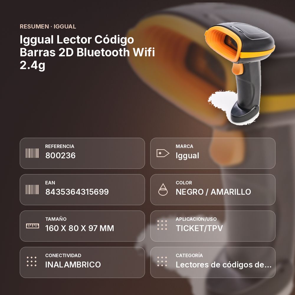 IGGUAL LECTOR CÓDIGO BARRAS 2D BLUETOOTH WIFI 2.4G - resumen de atributos