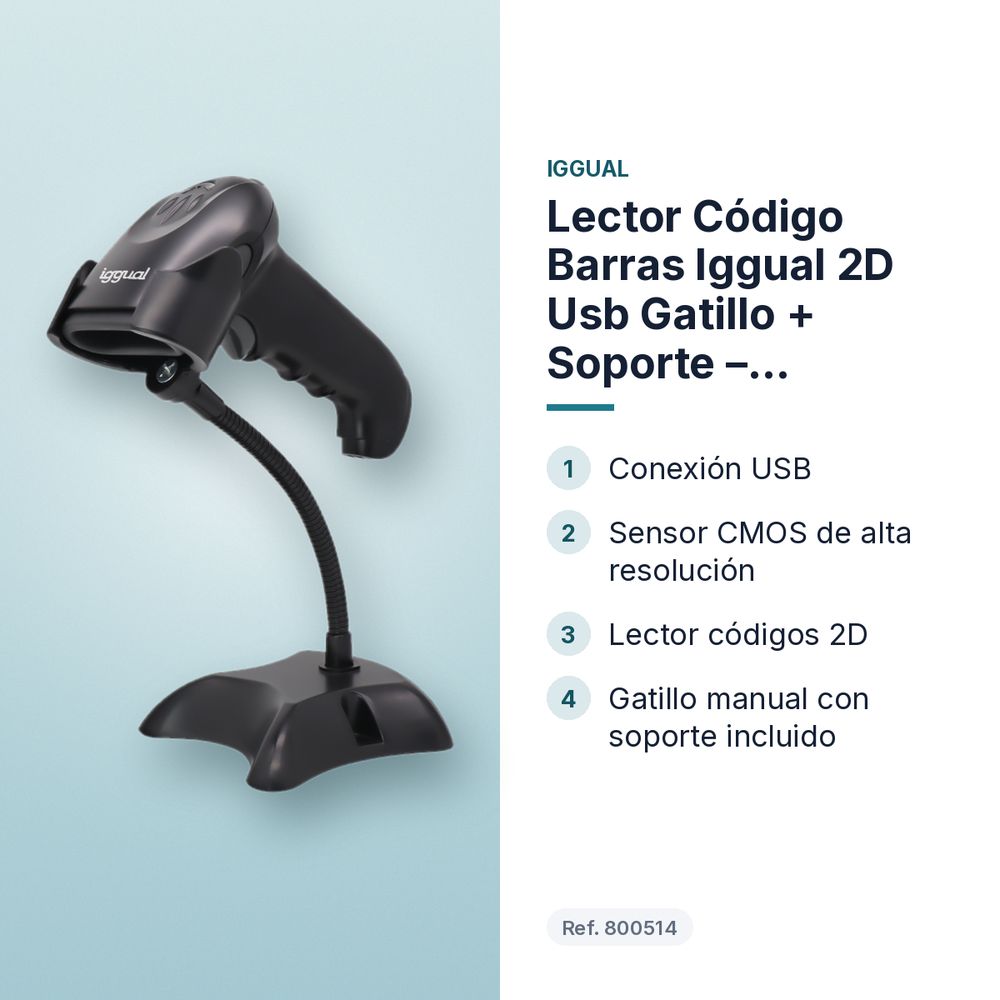 LECTOR CÓDIGO BARRAS IGGUAL 2D USB GATILLO + SOPORTE – L2DUSB-G-AX - características principales