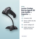 LECTOR CÓDIGO BARRAS IGGUAL 2D USB GATILLO + SOPORTE – L2DUSB-G-AX - características principales