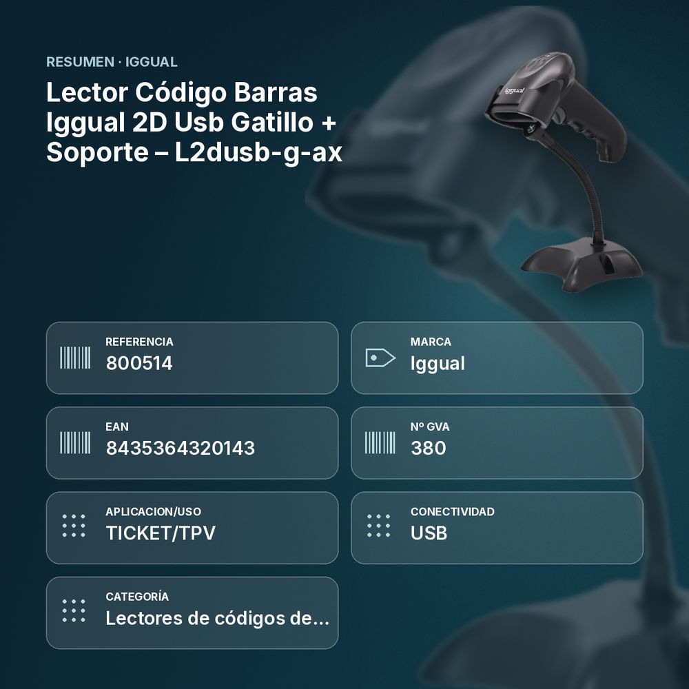 LECTOR CÓDIGO BARRAS IGGUAL 2D USB GATILLO + SOPORTE – L2DUSB-G-AX - resumen de atributos