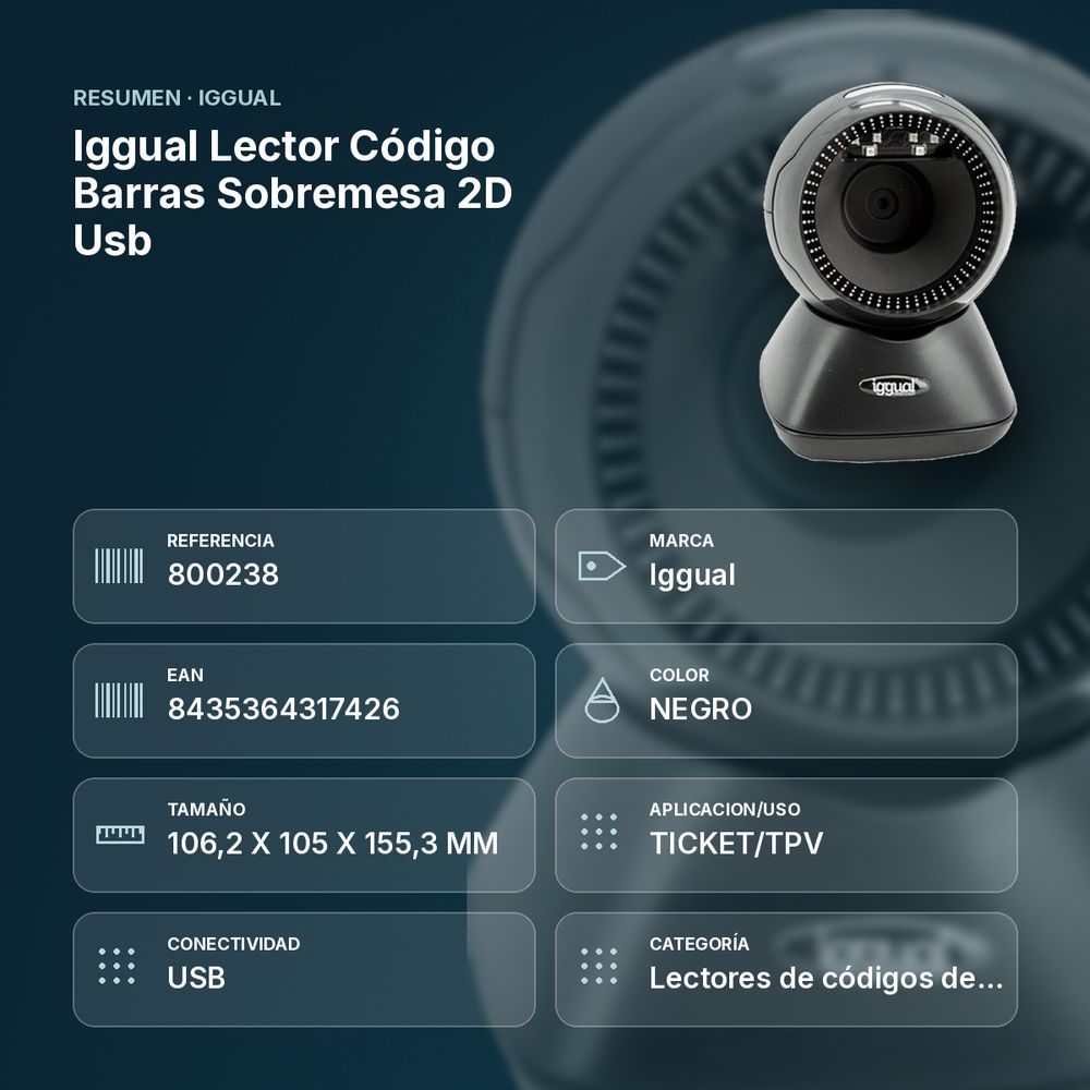 IGGUAL LECTOR CÓDIGO BARRAS SOBREMESA 2D USB - resumen de atributos