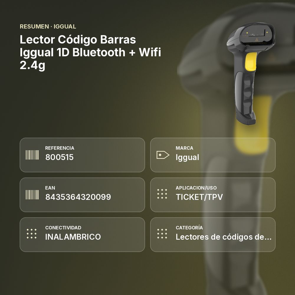 LECTOR CÓDIGO BARRAS IGGUAL 1D BLUETOOTH + WIFI 2.4G - resumen de atributos