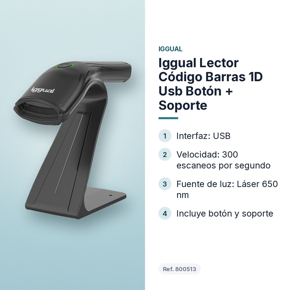 IGGUAL LECTOR CÓDIGO BARRAS 1D USB BOTÓN + SOPORTE - características principales