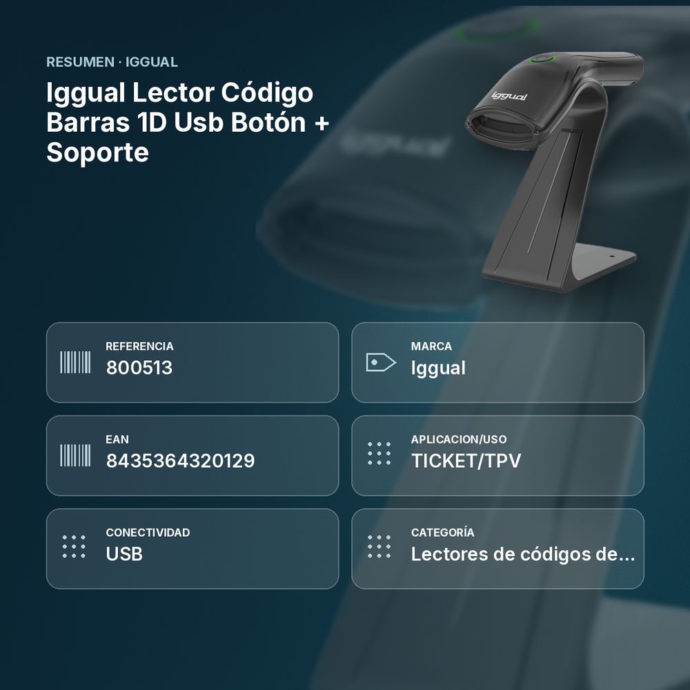 IGGUAL LECTOR CÓDIGO BARRAS 1D USB BOTÓN + SOPORTE - resumen de atributos