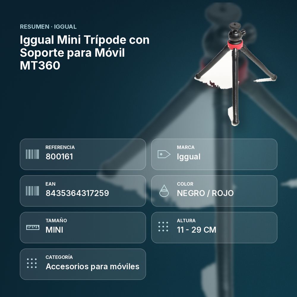 IGGUAL MINI TRÍPODE CON SOPORTE PARA MÓVIL MT360 - resumen de atributos