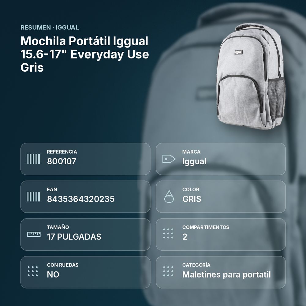 MOCHILA PORTÁTIL IGGUAL  15.6-17" EVERYDAY USE GRIS - resumen de atributos