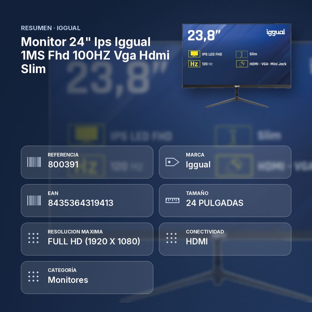 MONITOR 24" IPS IGGUAL 1MS FHD 100HZ VGA HDMI SLIM - resumen de atributos