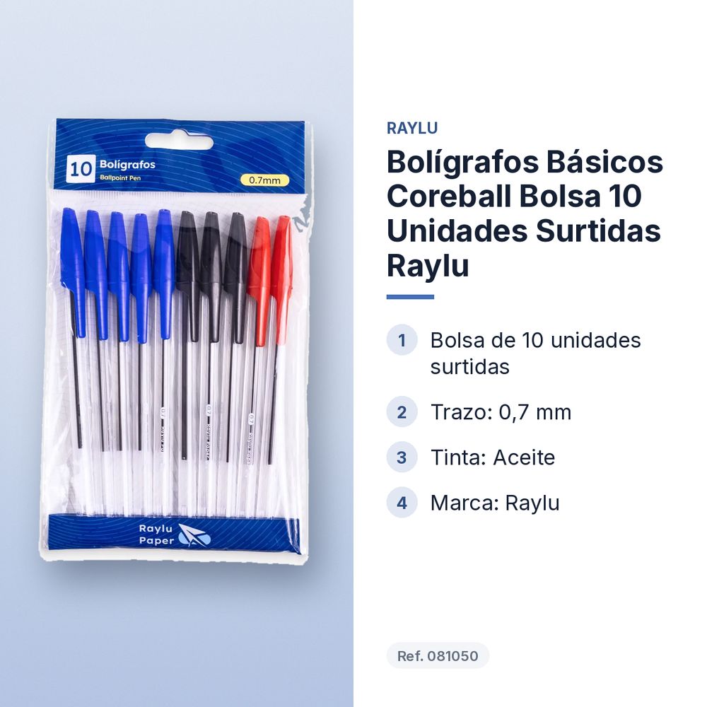 BOLÍGRAFOS BÁSICOS COREBALL BOLSA 10 UNIDADES SURTIDAS RAYLU - características principales