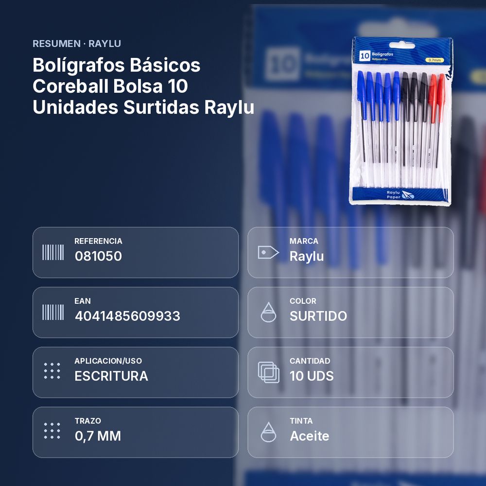 BOLÍGRAFOS BÁSICOS COREBALL BOLSA 10 UNIDADES SURTIDAS RAYLU - resumen de atributos