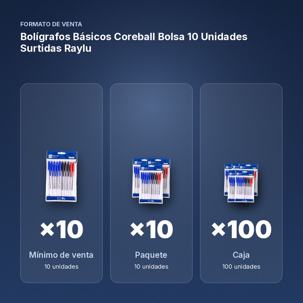BOLÍGRAFOS BÁSICOS COREBALL BOLSA 10 UNIDADES SURTIDAS RAYLU - formato de venta: paquete de 10, caja de 100, palé de 10000