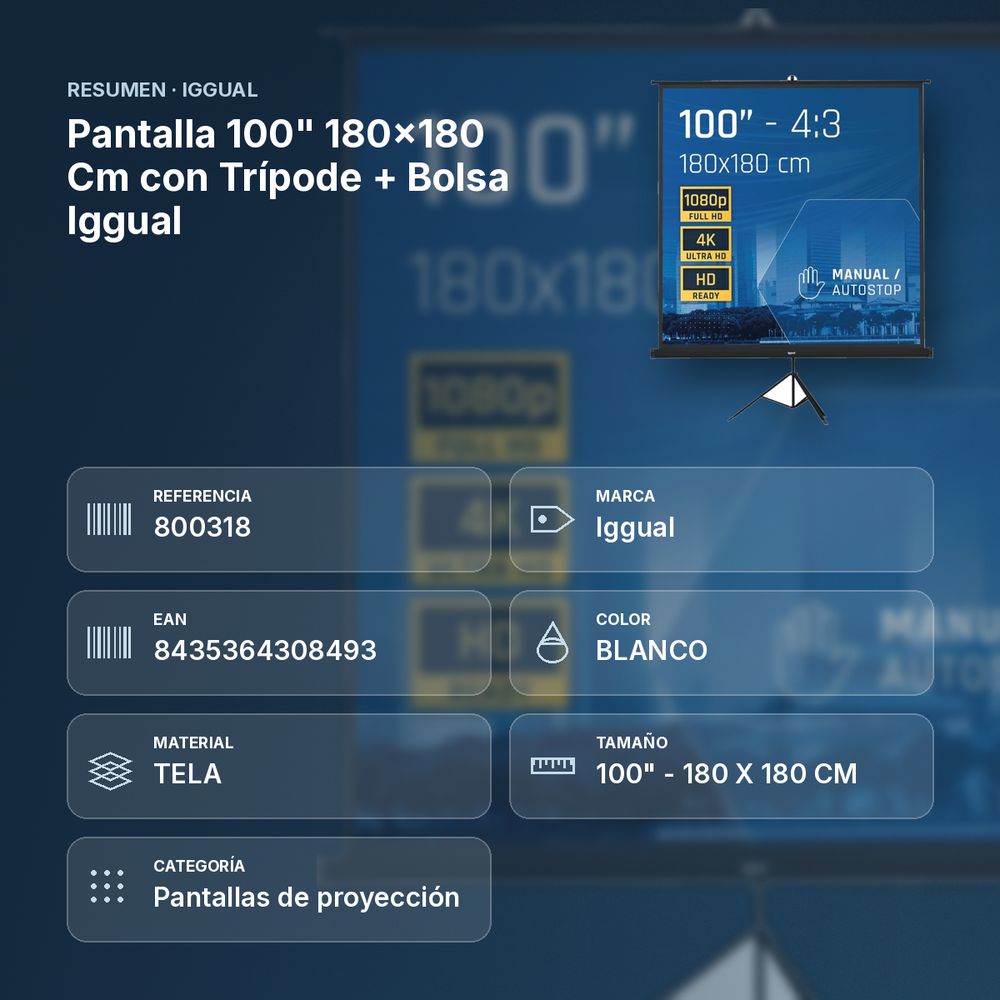 PANTALLA 100" 180X180 CM CON TRÍPODE + BOLSA IGGUAL  - resumen de atributos
