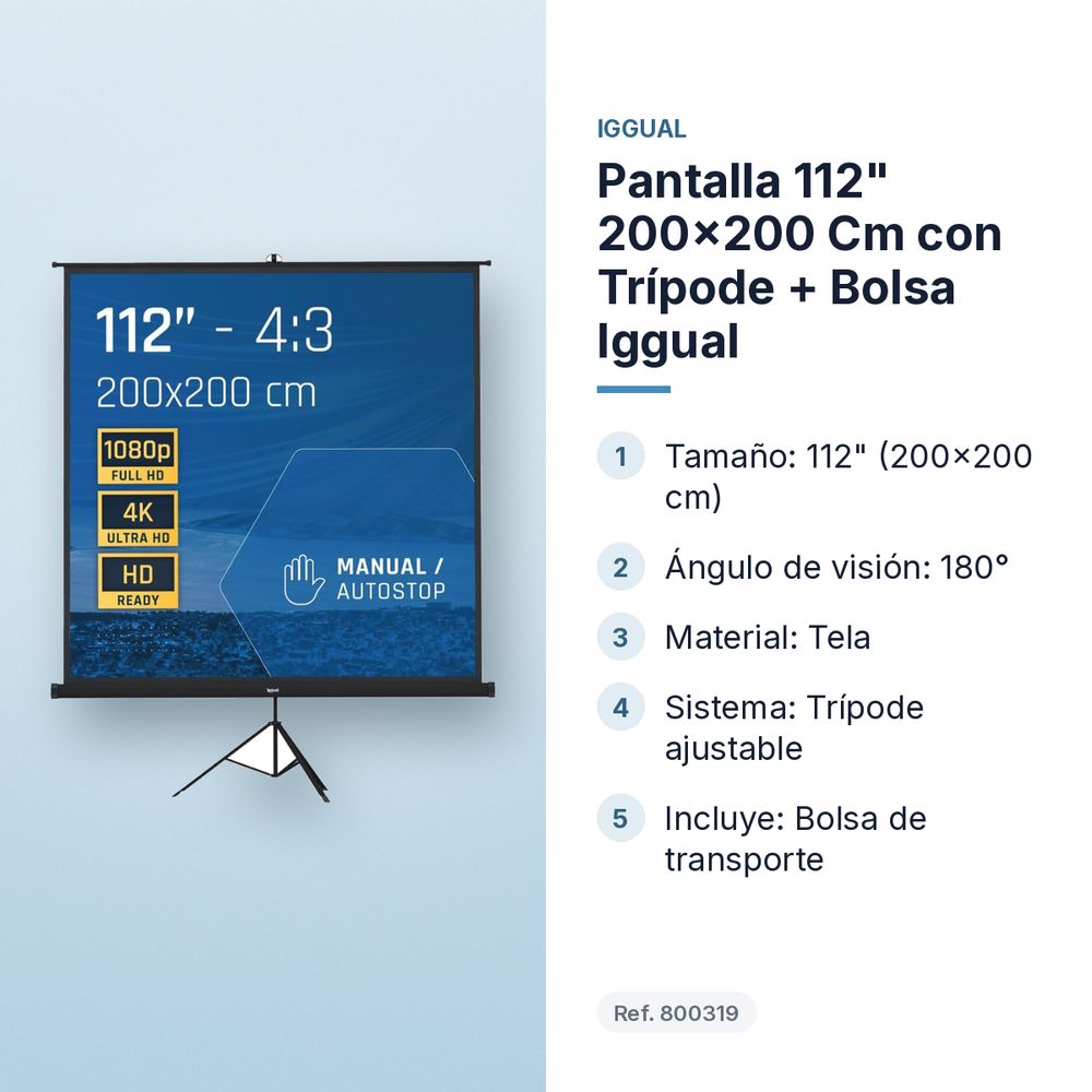 PANTALLA 112" 200X200 CM CON TRÍPODE + BOLSA IGGUAL  - características principales