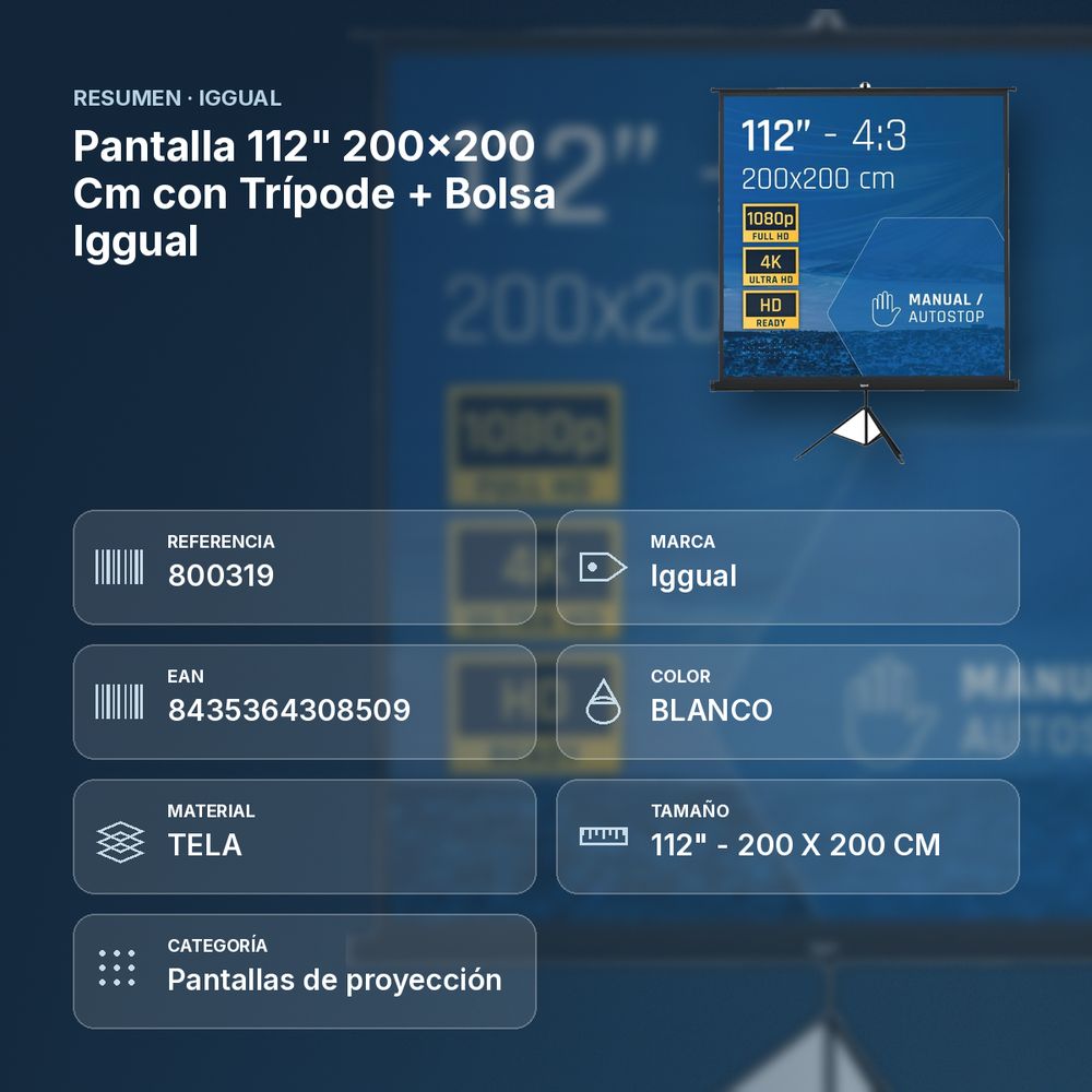 PANTALLA 112" 200X200 CM CON TRÍPODE + BOLSA IGGUAL  - resumen de atributos