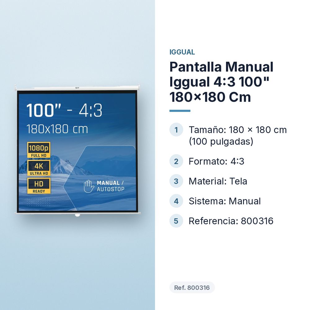 PANTALLA MANUAL IGGUAL  4:3 100" 180X180 CM - características principales