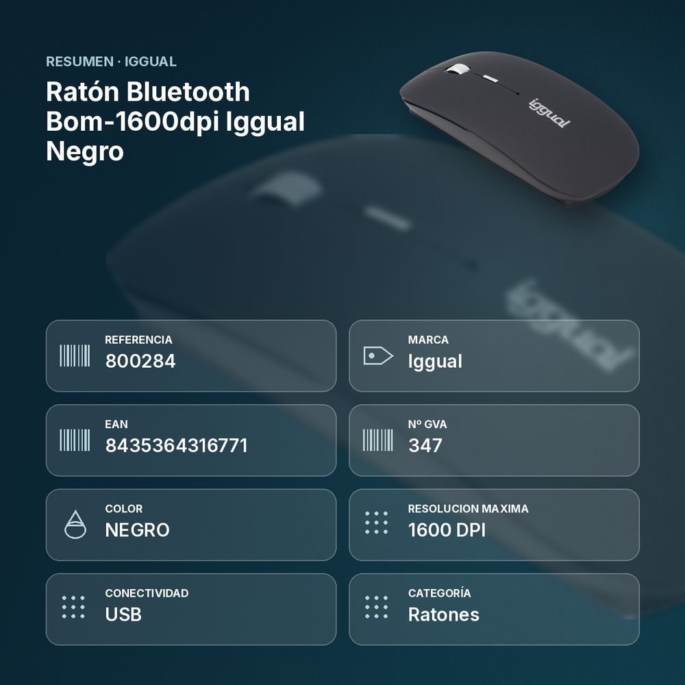 RATÓN BLUETOOTH BOM-1600DPI IGGUAL NEGRO - resumen de atributos