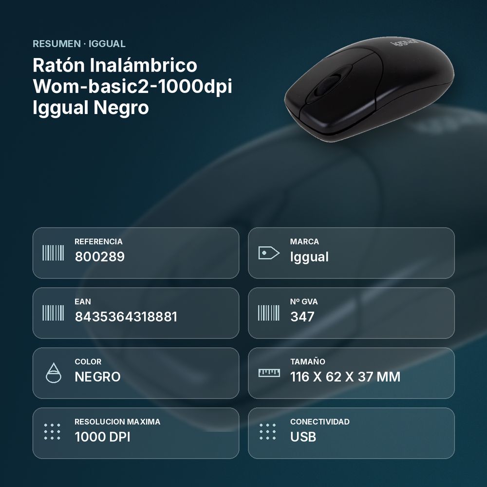 RATÓN INALÁMBRICO WOM-BASIC2-1000DPI IGGUAL NEGRO - resumen de atributos