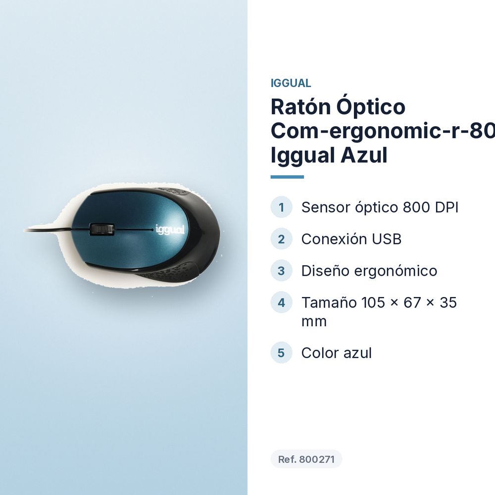RATÓN ÓPTICO COM-ERGONOMIC-R-800DPI IGGUAL  AZUL - características principales