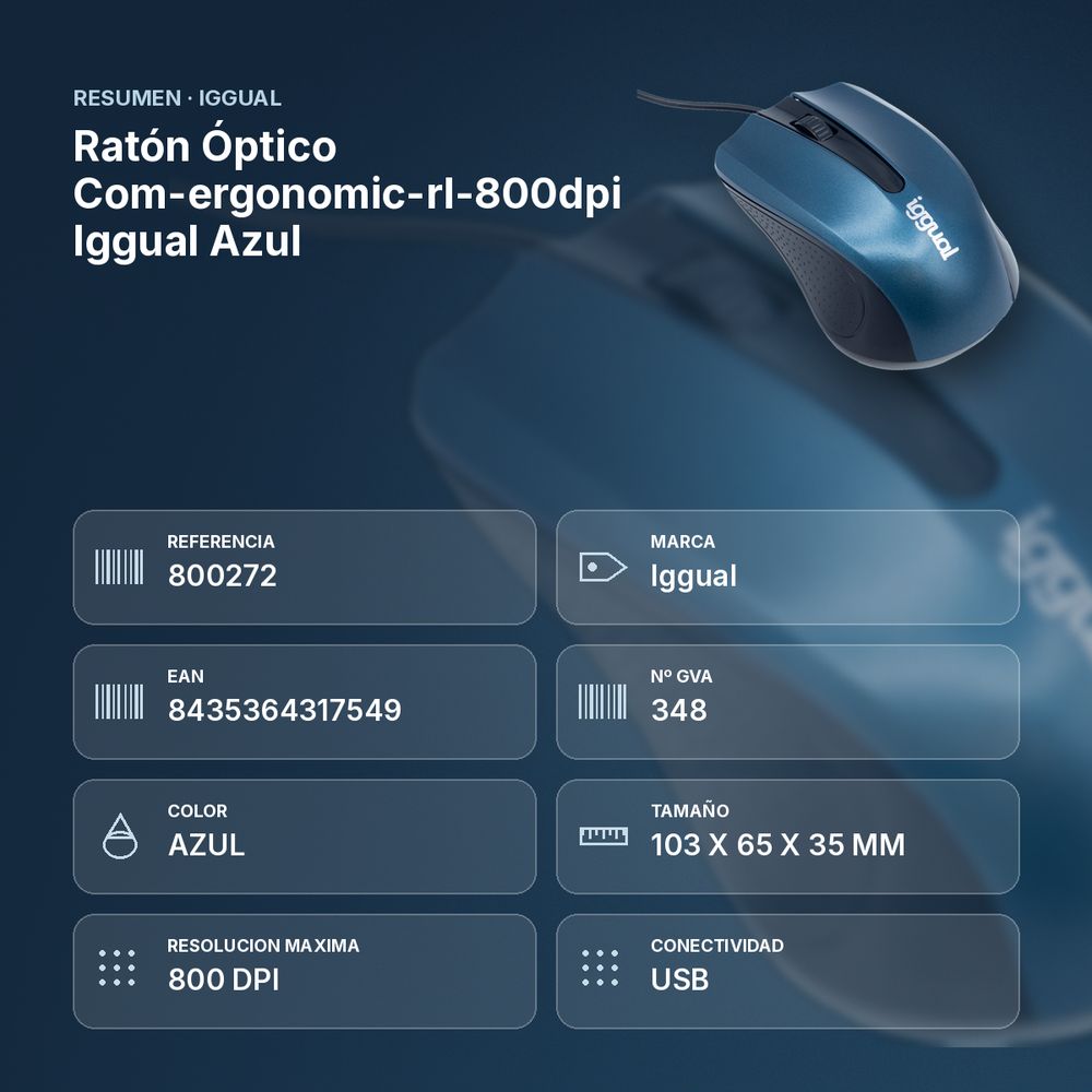 RATÓN ÓPTICO COM-ERGONOMIC-RL-800DPI IGGUAL  AZUL - resumen de atributos